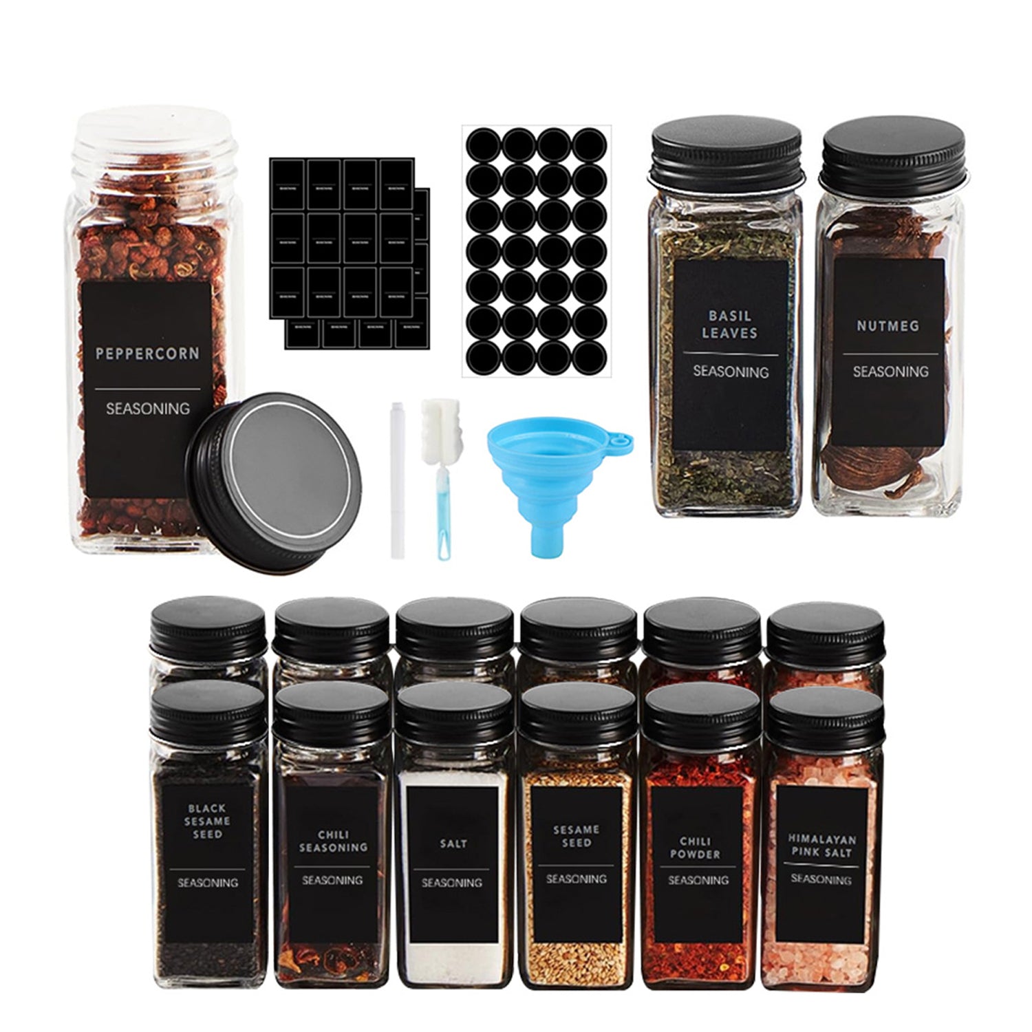 Hivvago 12 Pack Glass Spice Jar Set 120ml Airtight Square Jars with Shaker Lids Labels Funnel and Brush