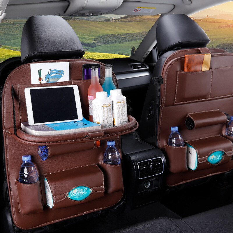 PU Leather Foldable Car Seat Organizer with Table Tray and Pockets