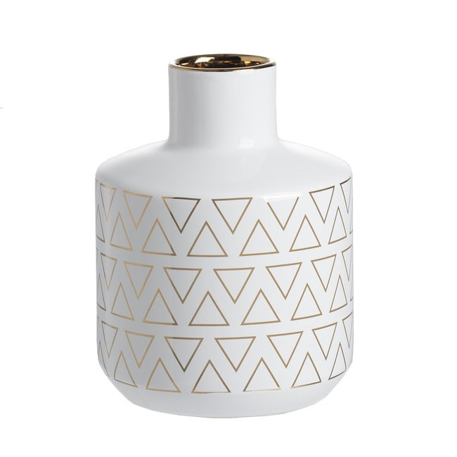 Geo Vase 20cm White Ceramic with Gold Trim Geometric Pattern Home Decor