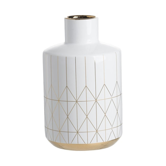 Geo Vase Tall 25cm White Ceramic with Gold Trim Geometric Pattern