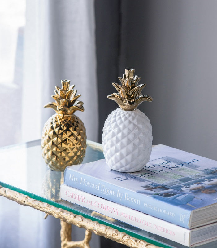 White Pineapple Ornament 17cm Ceramic with Gold Crown for Home Decor