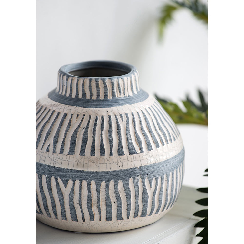 Cream & Grey Ceramic Squat Vase 14.5cm Crackled Patina Home Decor