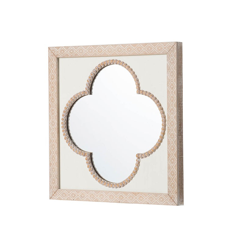 Clover Wall Mirror 50cm – Whitewash Quatrefoil with Wood Bead Trim