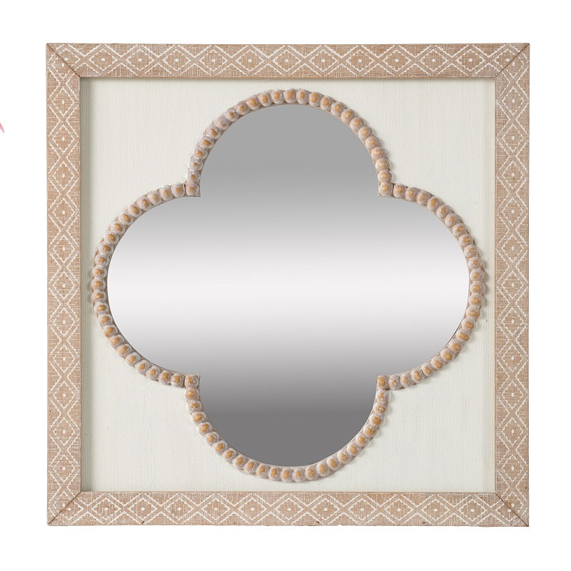 Clover Wall Mirror 50cm – Whitewash Quatrefoil with Wood Bead Trim