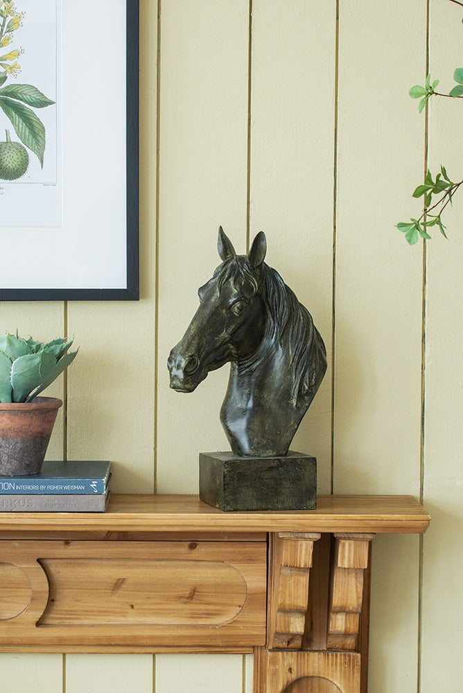 Horse Head Statue on Base Dark Polyresin Sculpture - 40 cm
