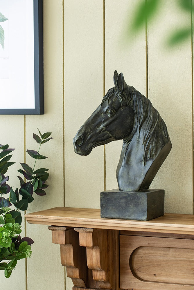 Horse Head Statue on Base Dark Polyresin Sculpture - 40 cm
