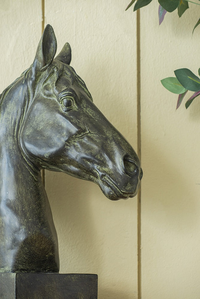 Horse Head Statue on Base Dark Polyresin Sculpture - 40 cm