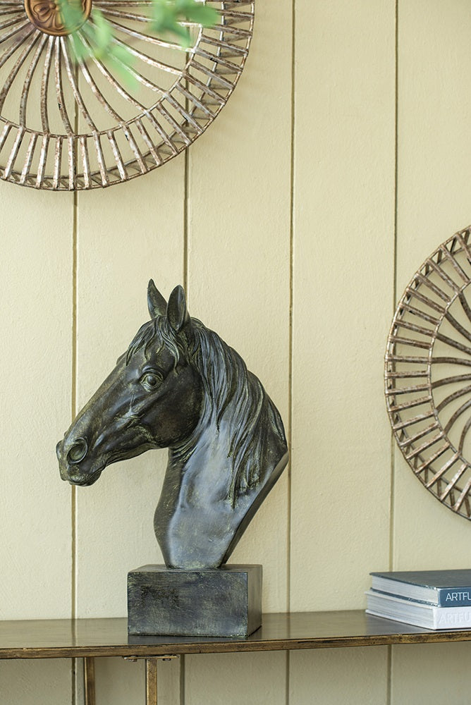 Horse Head Statue on Base Dark Polyresin Sculpture - 40 cm