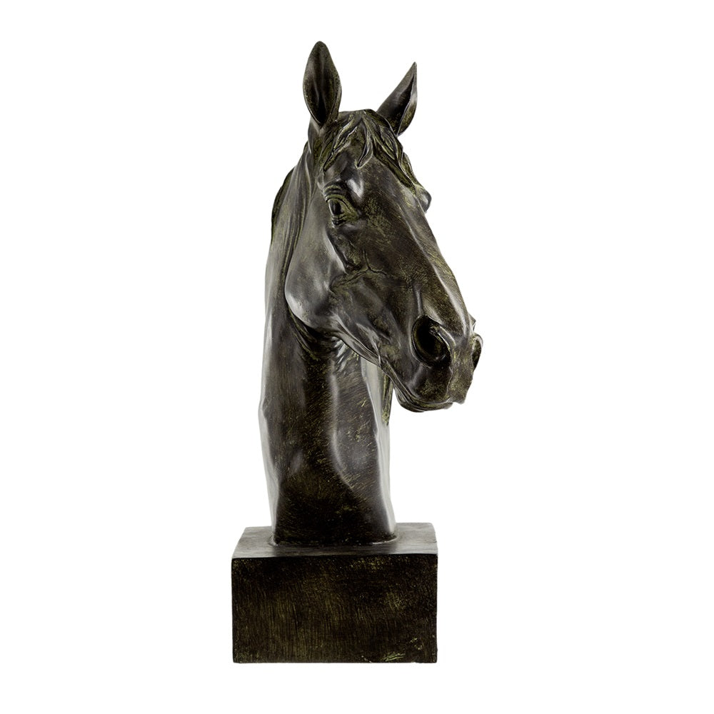 Horse Head Statue on Base Dark Polyresin Sculpture - 40 cm