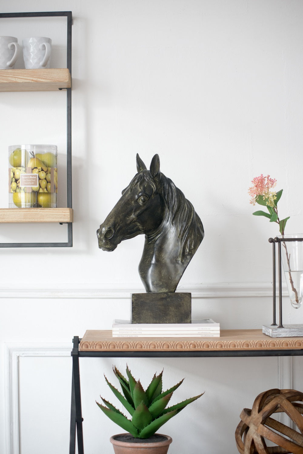 Horse Head Statue on Base Dark Polyresin Sculpture - 40 cm