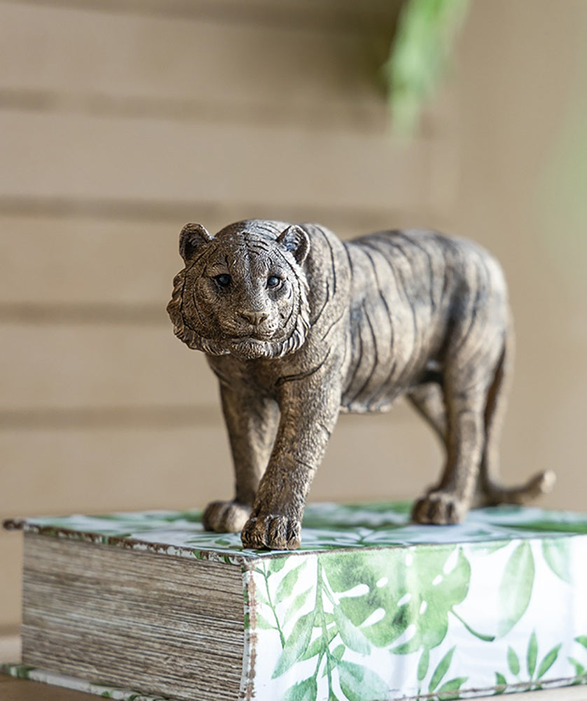 Tiger Statue Polyresin Home Decor Copper Finish - 29 cm