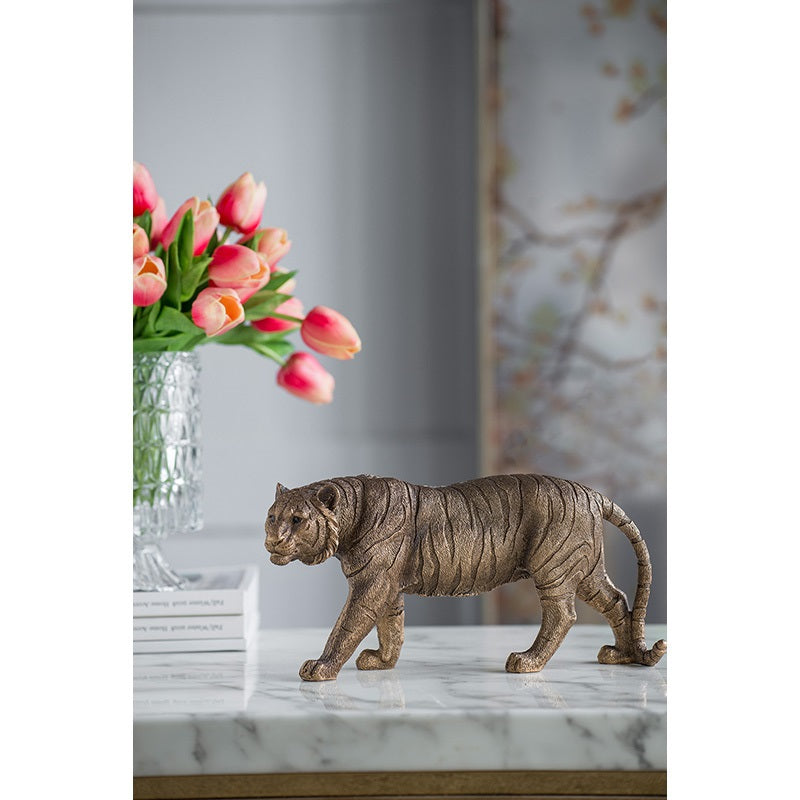 Tiger Statue Polyresin Home Decor Copper Finish - 29 cm
