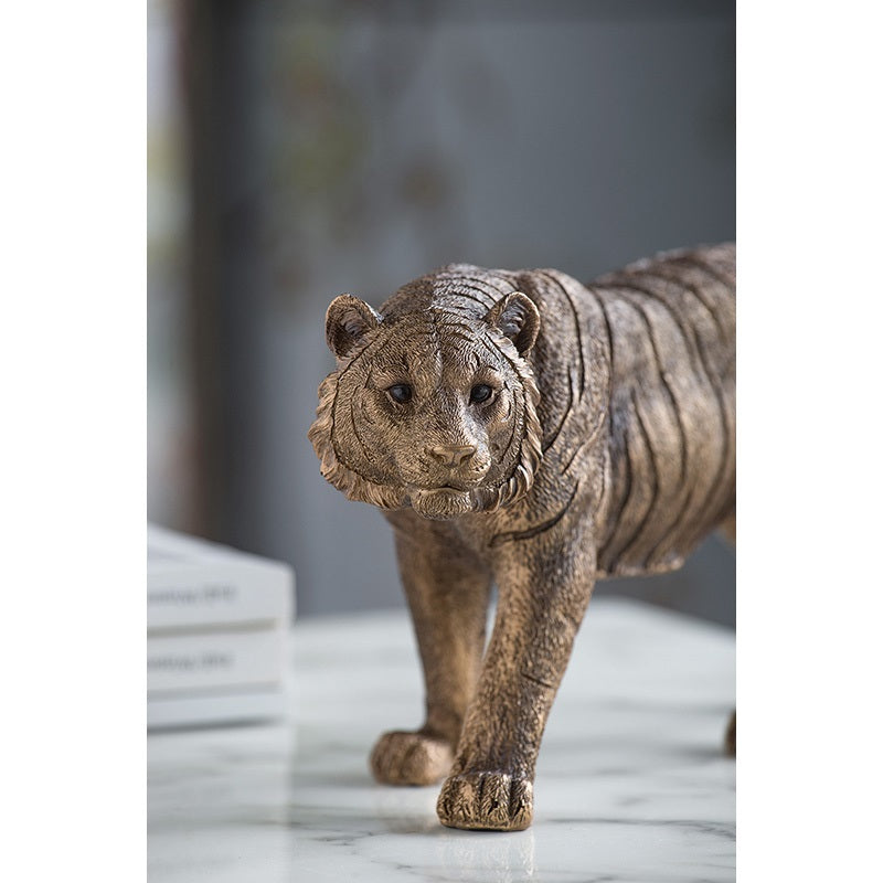 Tiger Statue Polyresin Home Decor Copper Finish - 29 cm
