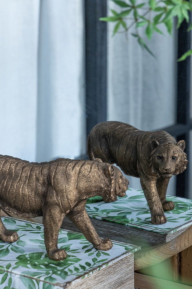 Tiger Statue Polyresin Home Decor Copper Finish - 29 cm