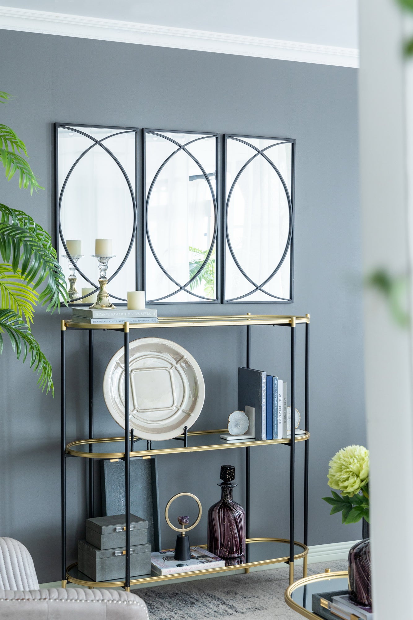 Set of 3 Black Swirl Wall Mirrors Iron Frame Minimalist Industrial Style