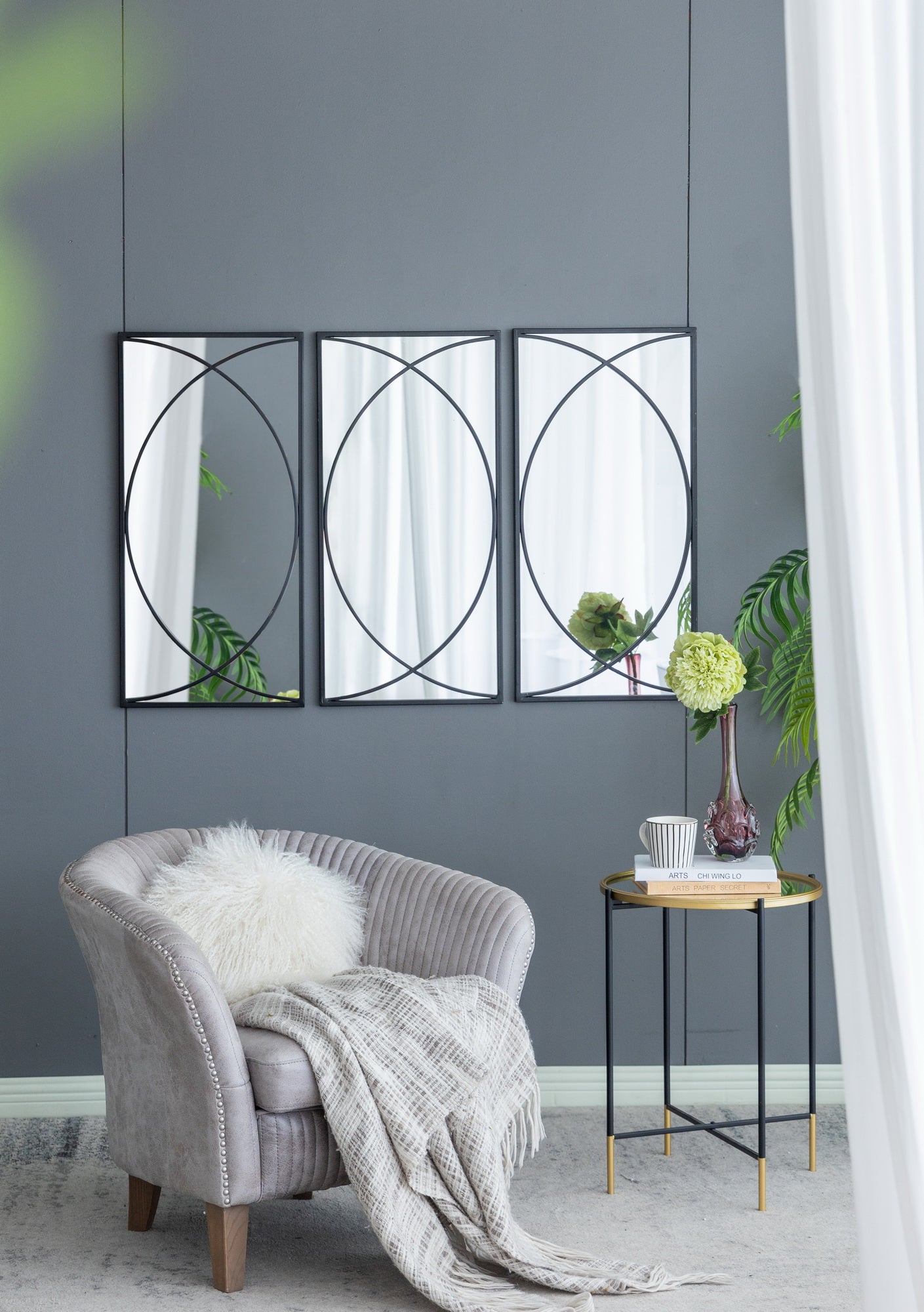 Set of 3 Black Swirl Wall Mirrors Iron Frame Minimalist Industrial Style