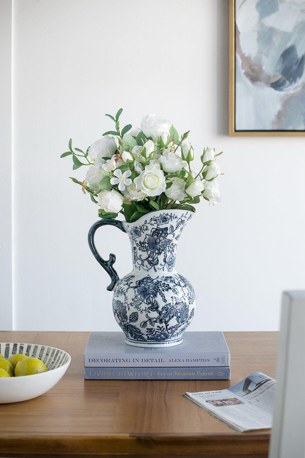 Chinoiserie Porcelain Decorative Jug 31cm Sculpted Handle Accent