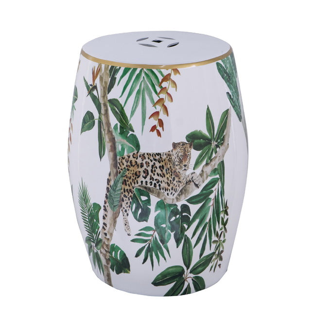 Jungle Themed Ceramic Stool 45.5cm Decorative Cheetah Print Bohemian Accent
