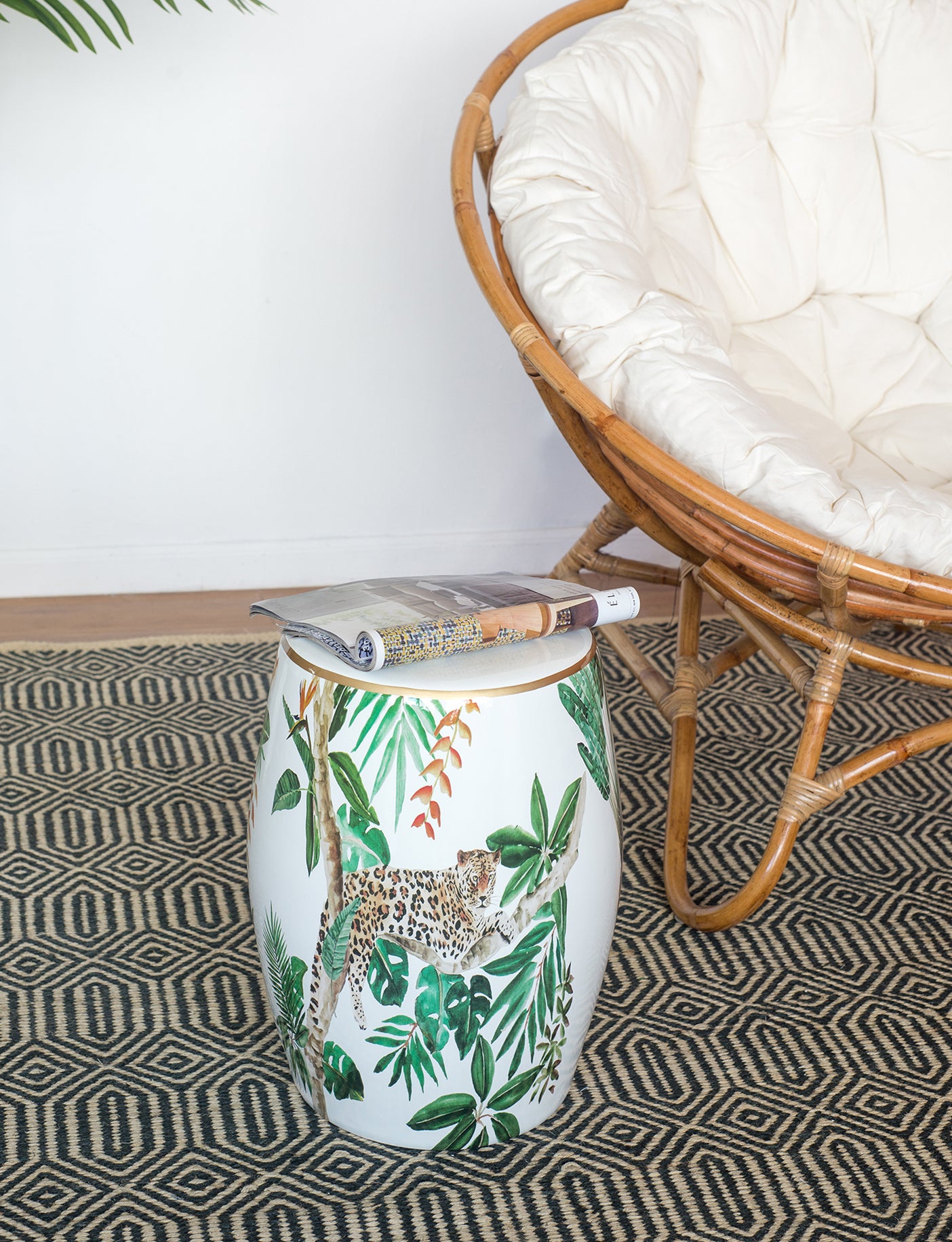 Jungle Themed Ceramic Stool 45.5cm Decorative Cheetah Print Bohemian Accent