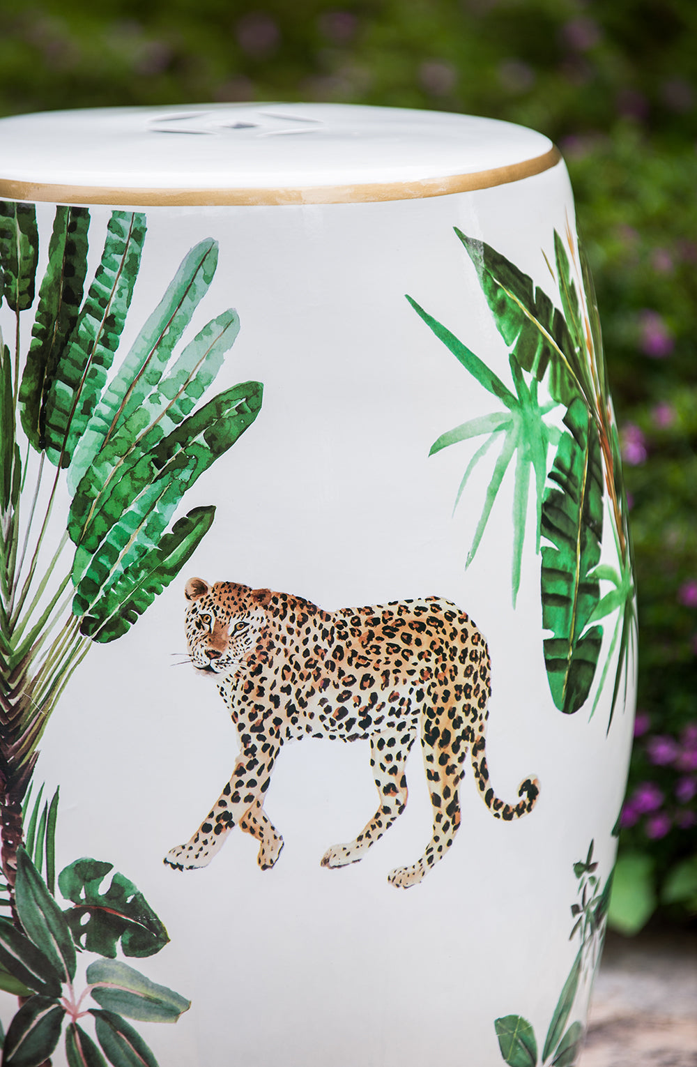 Jungle Themed Ceramic Stool 45.5cm Decorative Cheetah Print Bohemian Accent