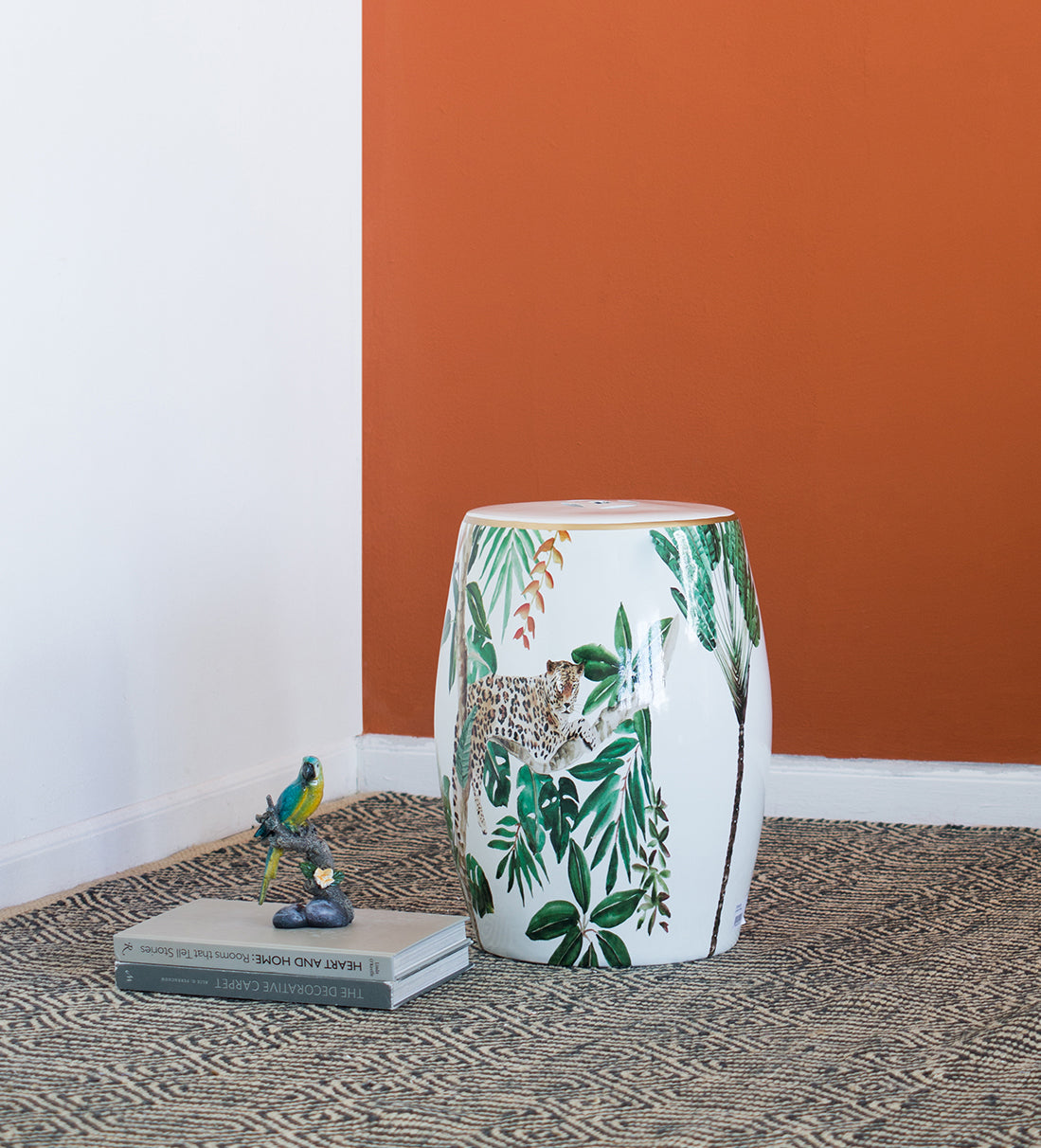 Jungle Themed Ceramic Stool 45.5cm Decorative Cheetah Print Bohemian Accent