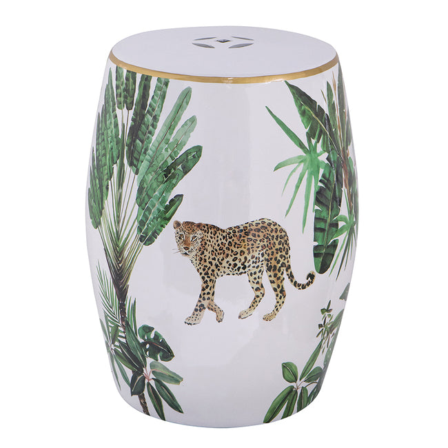 Jungle Themed Ceramic Stool 45.5cm Decorative Cheetah Print Bohemian Accent