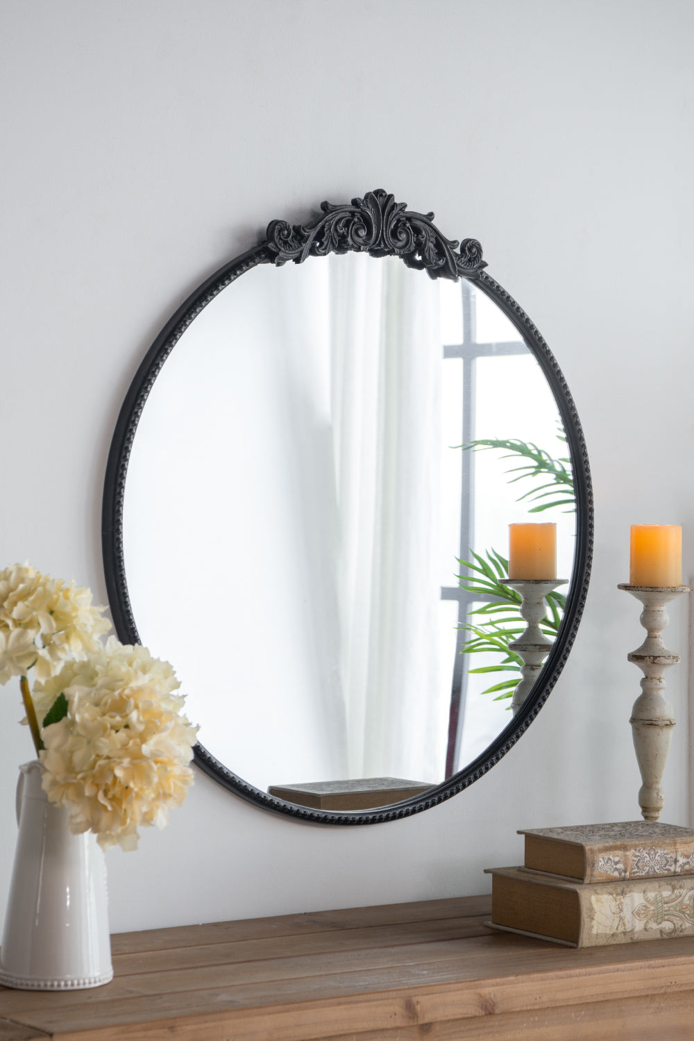Baroque Round Wall Mirror 98cm Black Frame Decorative Accent for Living Room or Entryway