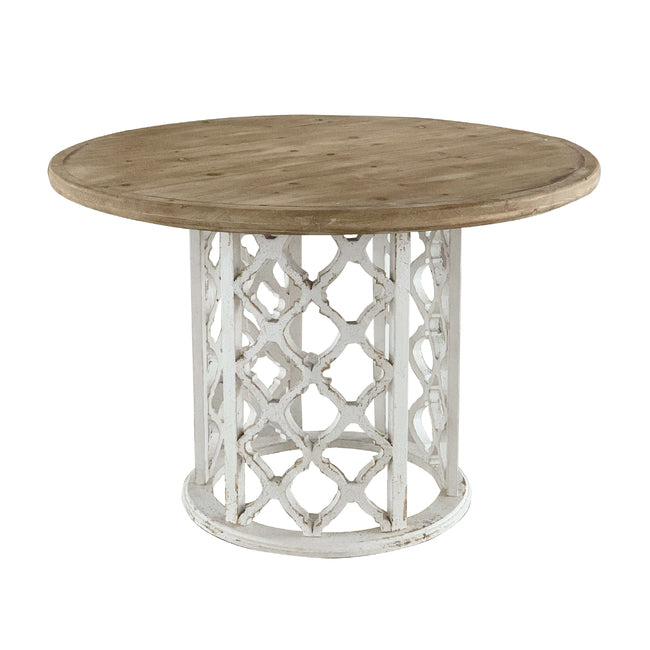 Lattice Farmhouse Dining Table 120cm Round Pedestal Table with Cut-Out Pattern Fir Wood