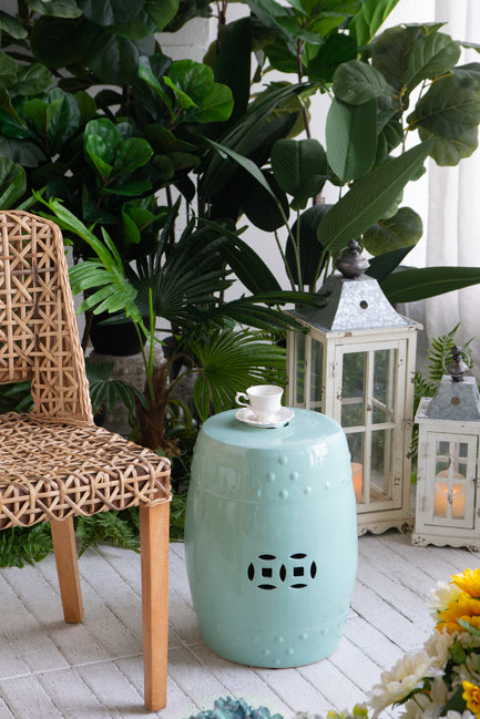 Aqua Ceramic Cut Out Stool 45cm Decorative Accent Side Table