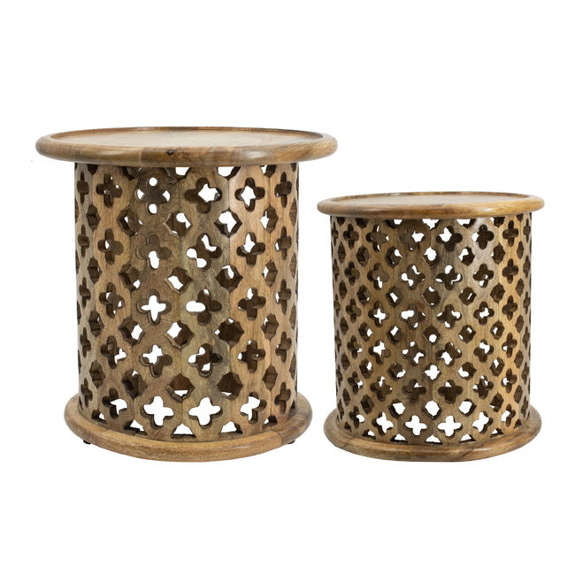 2 Piece Mango Wood Jali Side Tables Natural Burn Finish Round Accent for Living Room