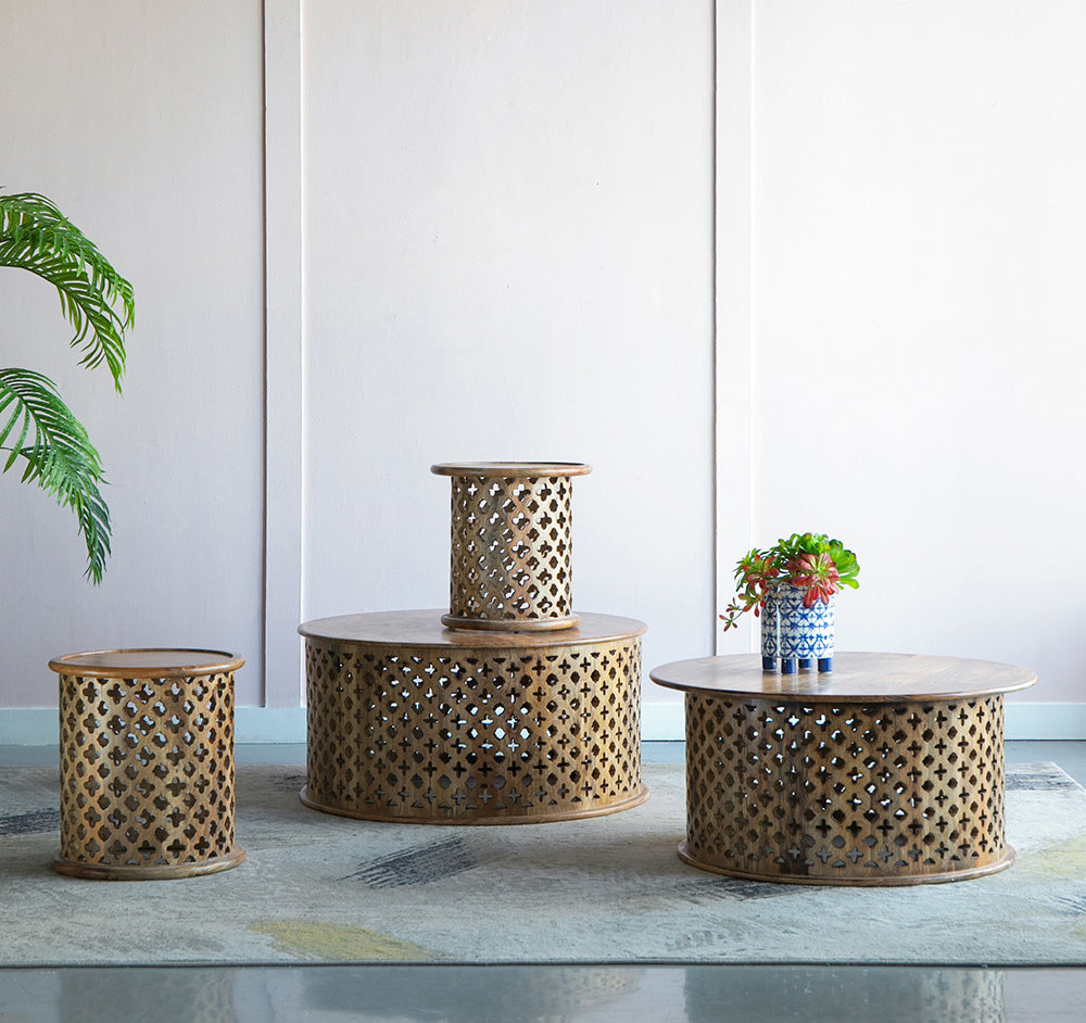 2 Piece Mango Wood Jali Side Tables Natural Burn Finish Round Accent for Living Room