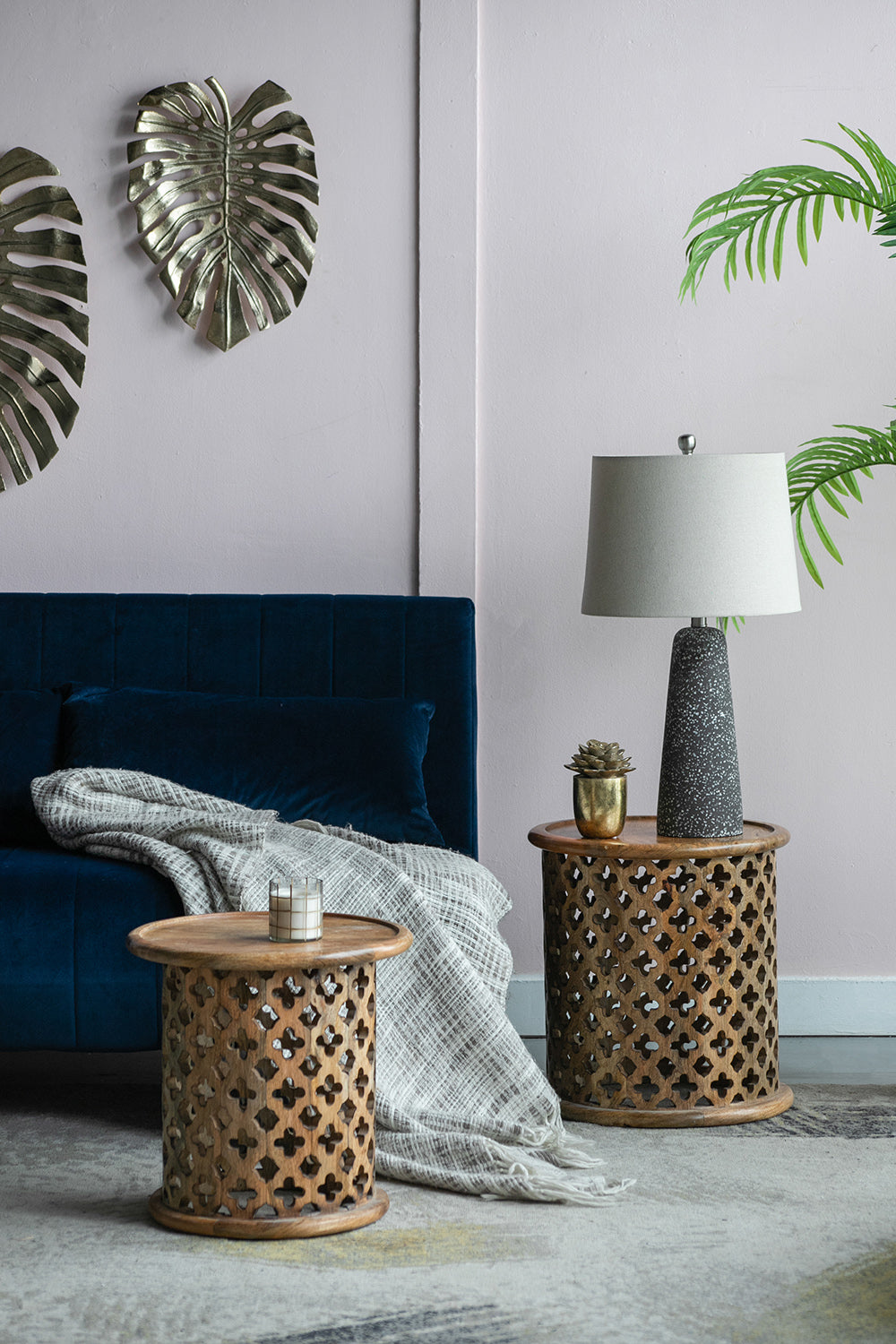 2 Piece Mango Wood Jali Side Tables Natural Burn Finish Round Accent for Living Room