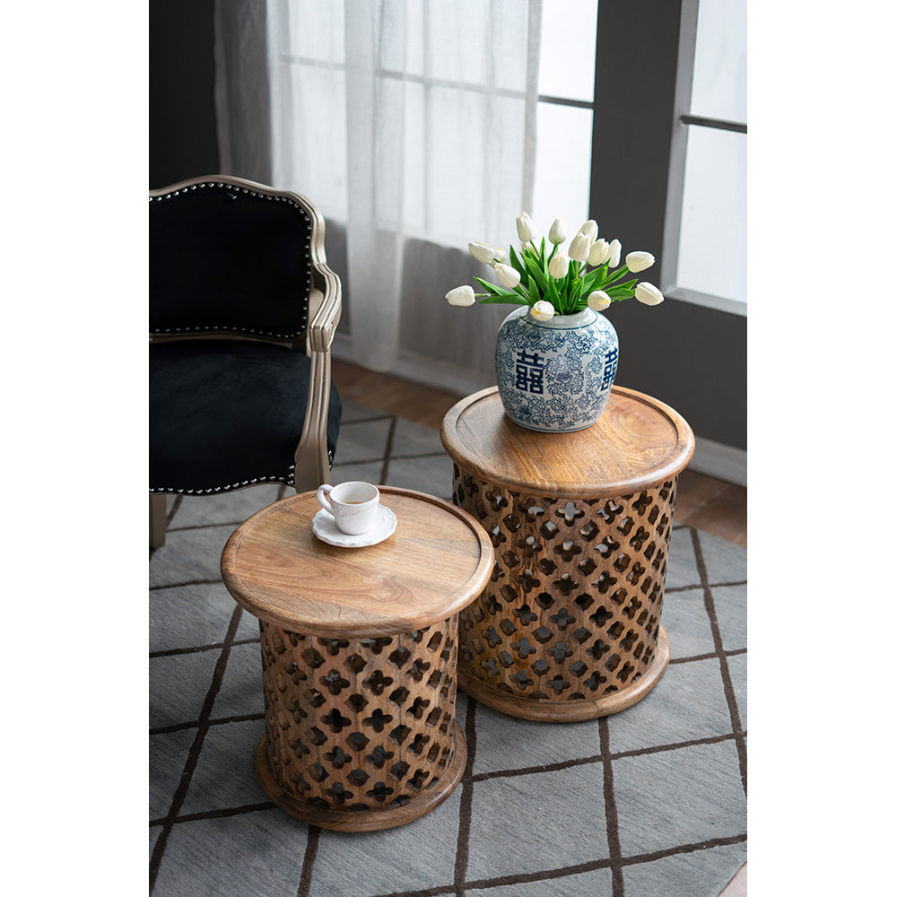 2 Piece Mango Wood Jali Side Tables Natural Burn Finish Round Accent for Living Room