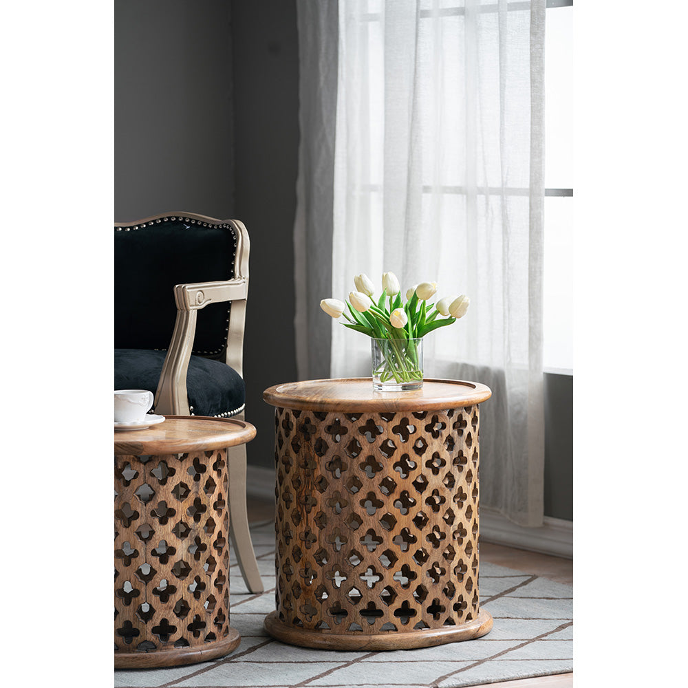 2 Piece Mango Wood Jali Side Tables Natural Burn Finish Round Accent for Living Room