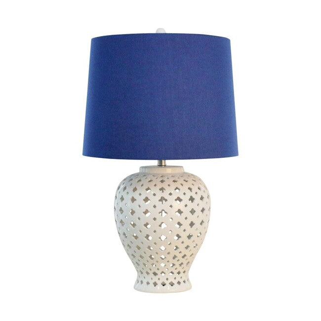 Lattice Table Lamp 75cm White Ceramic Base Blue Tapered Shade for Living Room or Bedroom