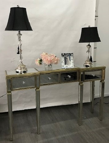 Mirrored Console Antiqued Ribbed 4 Drawer Hollywood Glam Art Deco Home Accent