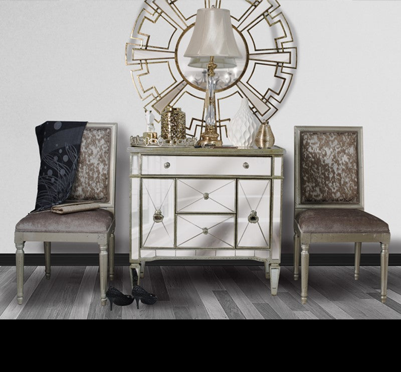 Mirrored Dresser Nightstand 5 Drawers Antique Ribbed Gold Leaf Hollywood Style