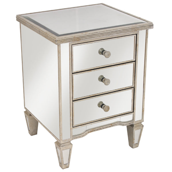 Mirrored Ribbed Bedside Table Antique Gold Leaf Hollywood Glam