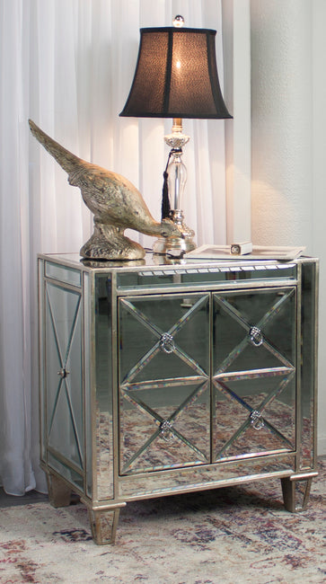 Bently Mirrored Bedside Table Antique Gold Leaf Hollywood Glam