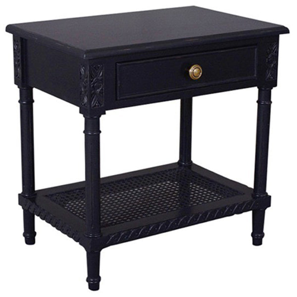 Polo Side Table Black 60cm Bedside Table with Rattan Shelf Coastal Style
