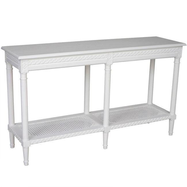 Polo Long Classic Console White 140cm Hamptons Style Table with Shelf & Rattan