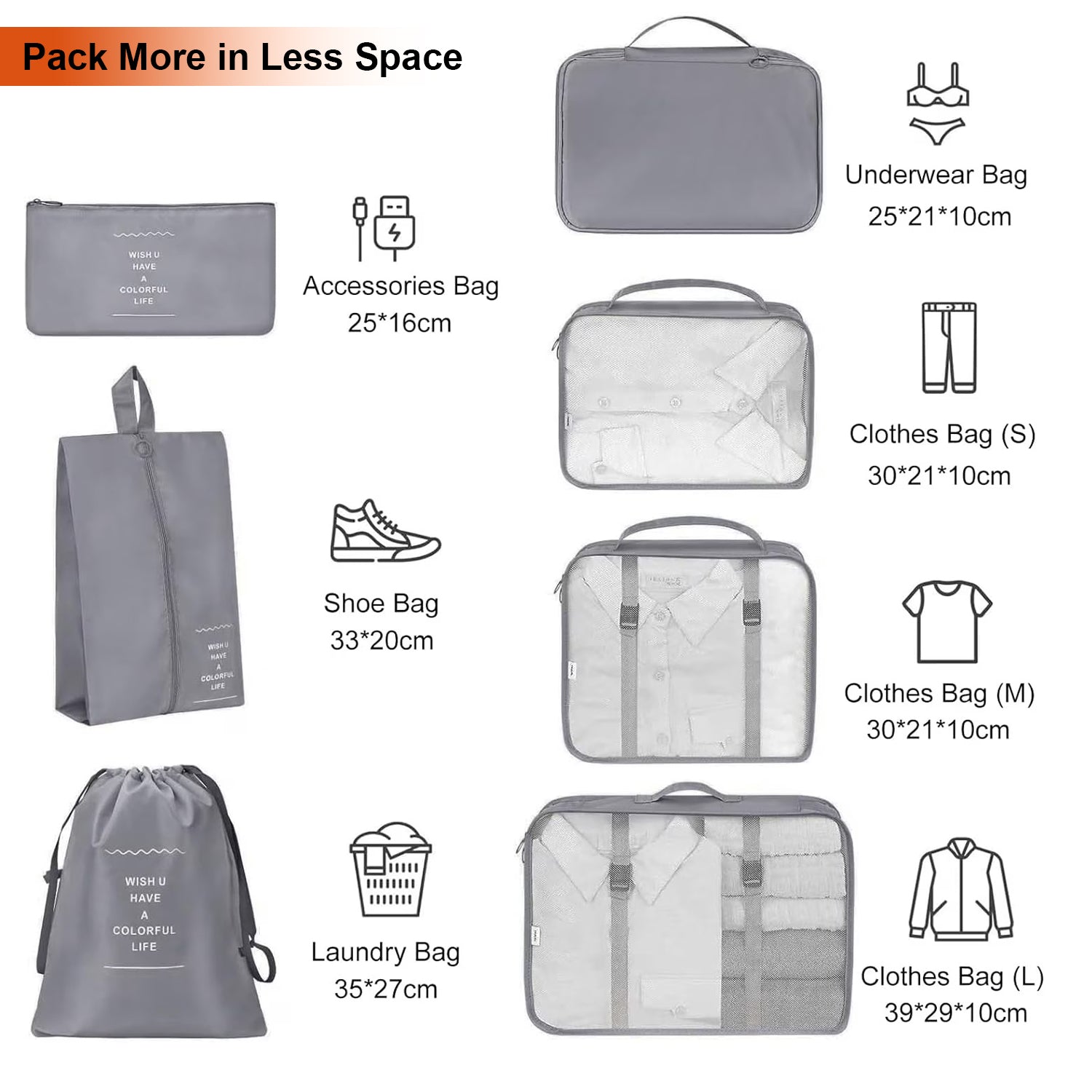 Vagooz 7-Piece Travel Organizer Set – Lightweight Packing Bags for Luggage, Grey