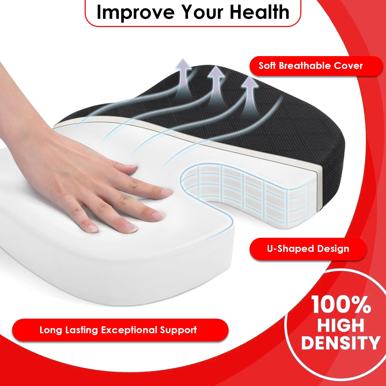 Hivvago Memory Foam Seat Cushion - Tailbone & Sciatica - Black