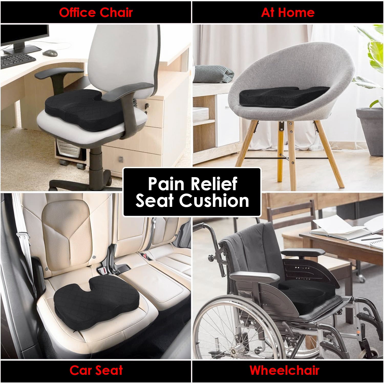 Hivvago Memory Foam Seat Cushion - Tailbone & Sciatica - Black