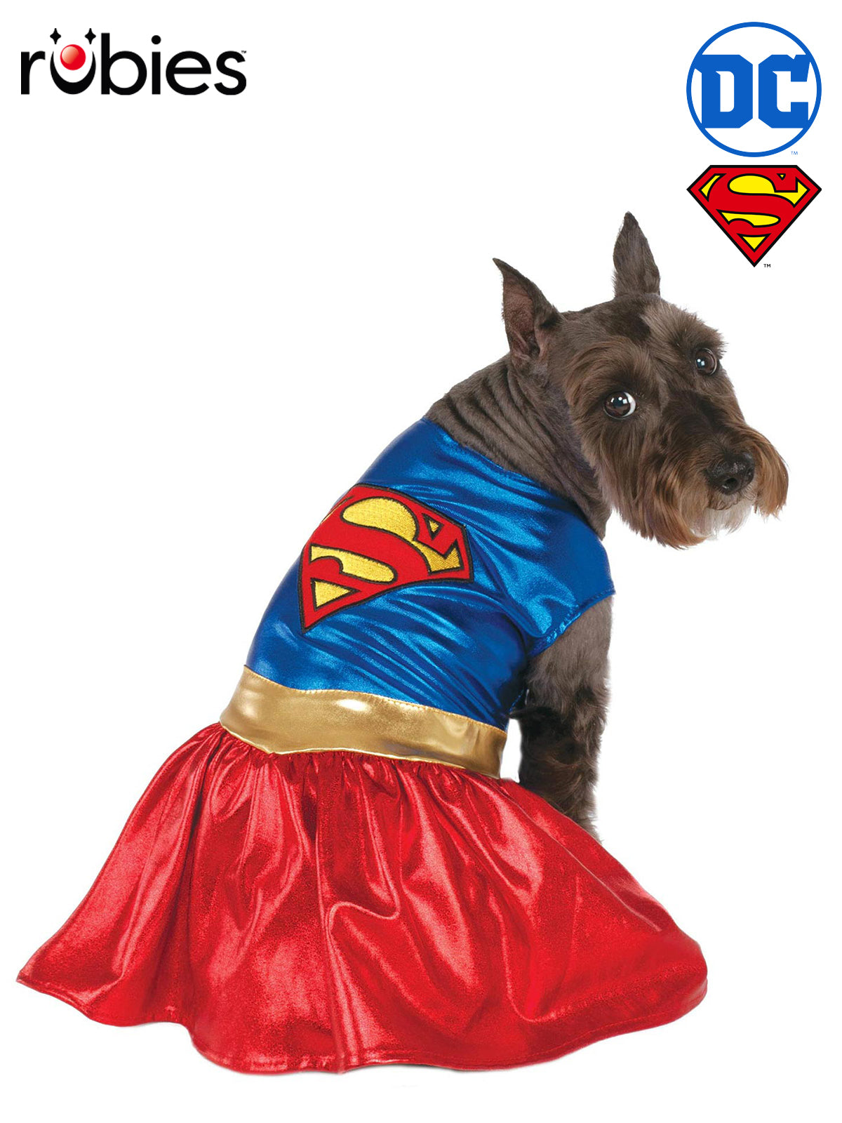 Supergirl Pet Costume Metallic Dress with Logo and Belt Superhero Dog Outfit
