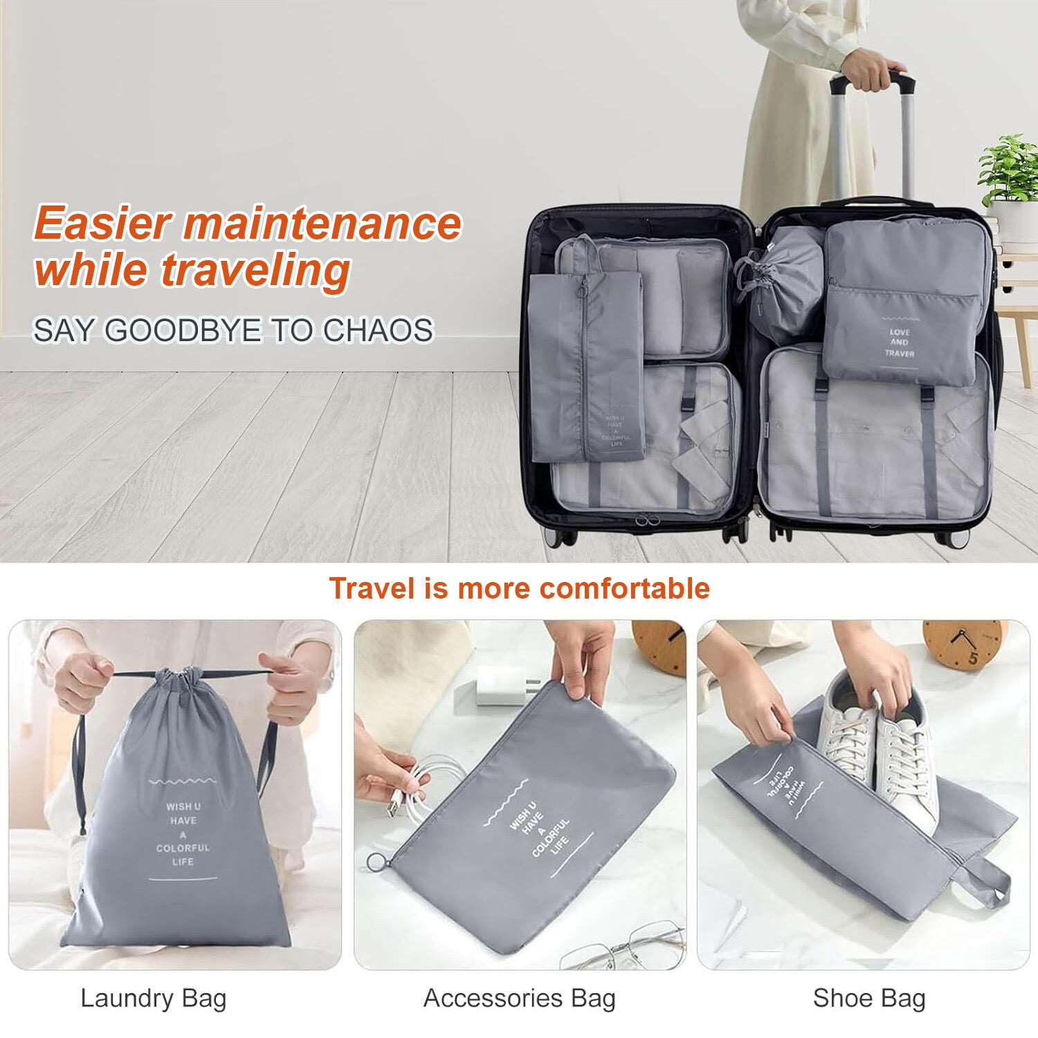 Vagooz 7-Piece Travel Organizer Set – Lightweight Packing Bags for Luggage, Grey