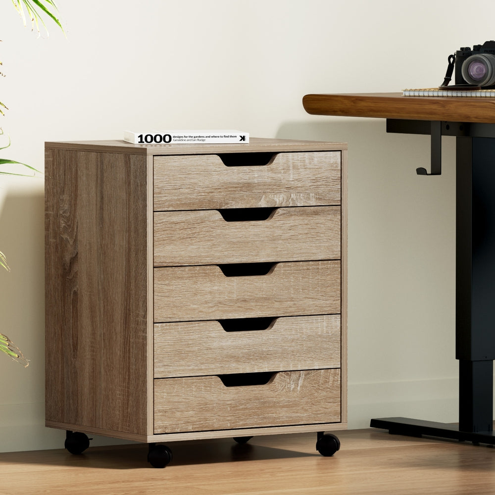 Artiss 5-Drawer Filing Cabinet Mobile Rolling Storage Cabinet Chest of Drawers Stand Scratch Beige