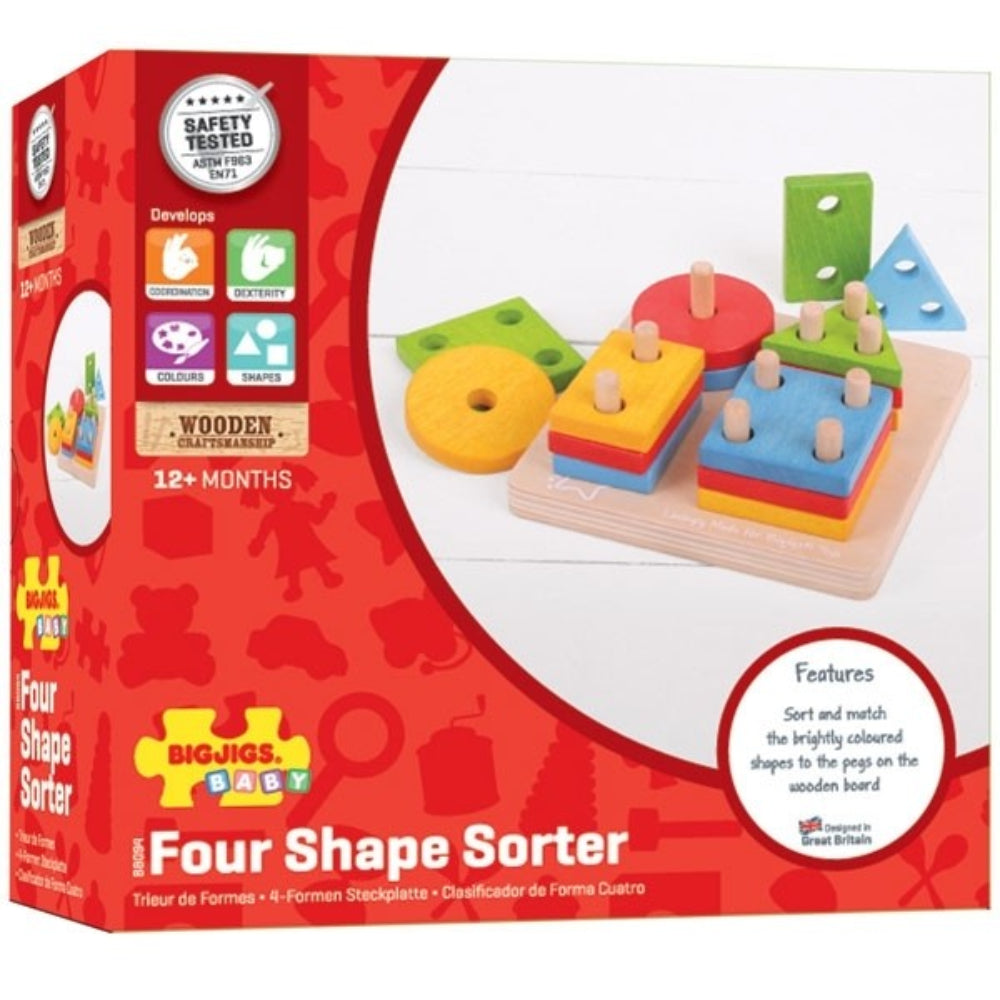 Bigjigs Toys First Four Shape Sorter Colourful Wooden Toy for Shape Learning