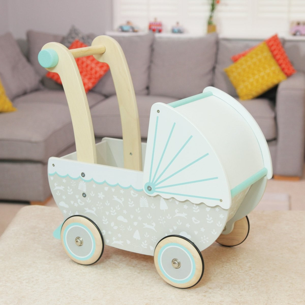 Indigo Jamm Wooden Petworth Pram Scandinavian Style Doll Stroller with Rubber Wheels