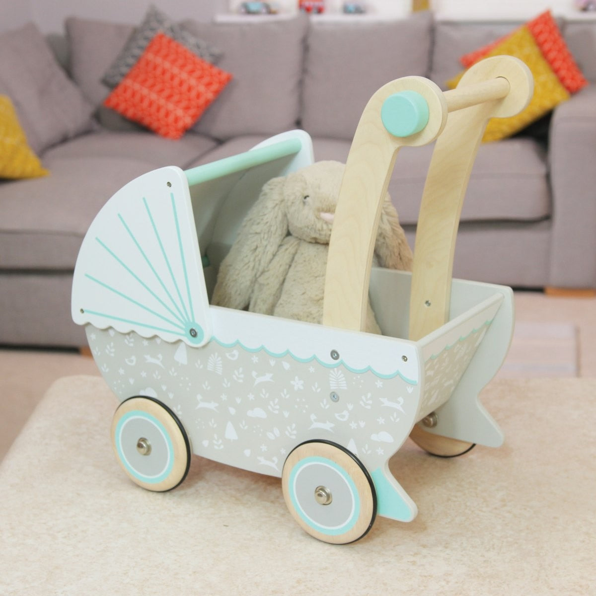Indigo Jamm Wooden Petworth Pram Scandinavian Style Doll Stroller with Rubber Wheels